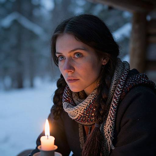 Photograph of a young woman with braided hair, wearing a knitted scarf, holding a lit candle, in a snowy forest at night.
