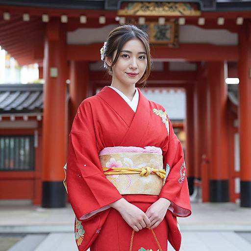 Photograph of a young Asian woman in a red kimono with gold obi, white hairpins, standing in front of a traditional Japanese red wooden