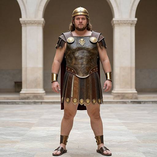 Photograph of a bearded man in ancient Roman armor, including bronze helmet, chest plate, shoulder straps, and skirt, standing in a colonn