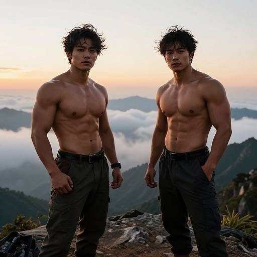 Digital artwork of two muscular, shirtless Asian men with tousled hair, standing on a mountain ledge at sunrise, wearing dark pants, with misty