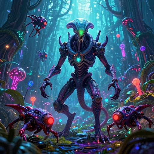 Digital artwork of a glowing, alien creature with sharp horns and bioluminescent eyes in a vibrant, neon-lit, forest-like alien jungle,