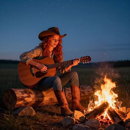 Photograph of a woman with long red hair, wearing a cowboy hat and boots, playing an acoustic guitar by a campfire at twilight.