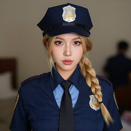 Photograph of an Asian woman with long blonde hair in a braid, wearing a black police uniform and cap, with a serious expression, against a