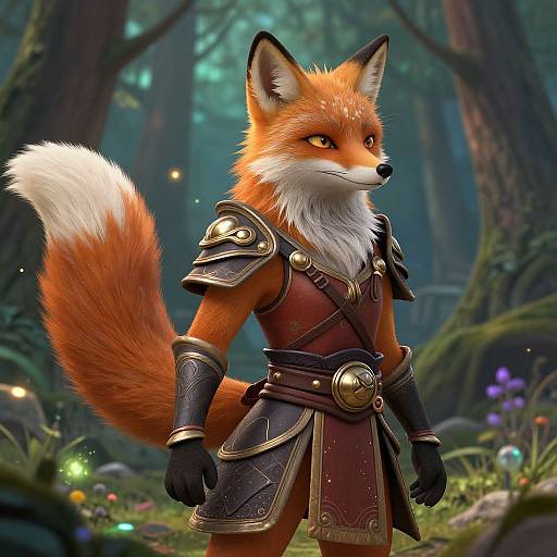 Digital art of a fierce, armored, orange fox with glowing eyes standing in a mystical forest, wearing medieval-style leather and metal armor.