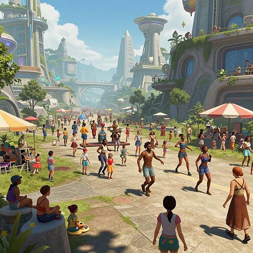 Vibrant CGI scene of a sunny, bustling fantasy marketplace with diverse people dancing, children playing, colorful umbrellas, and towering ornate buildings in