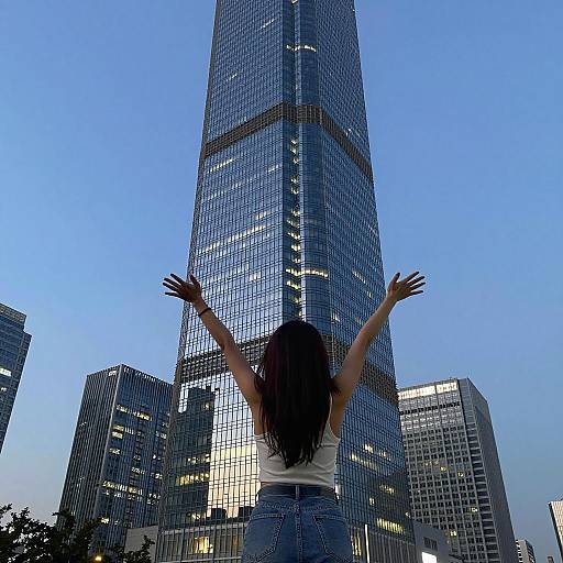 Urban Dusk: Woman by Skyscraper