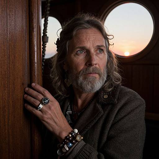 Photograph of a middle-aged man with long gray hair and beard, wearing dark clothing, rings, and bracelet, standing in a wooden doorway with circular