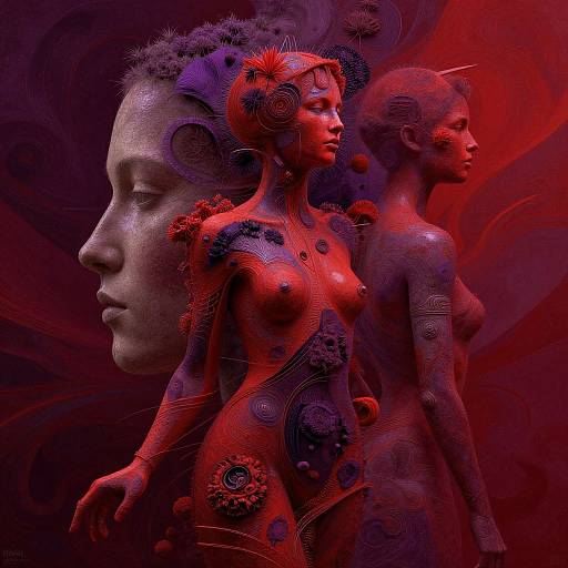 Digital artwork of three red, cybernetic, topless women with intricate black patterns, and a male face in the background. Red and purple swirling
