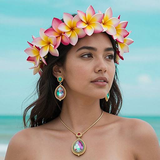 Photograph of a young woman with tan skin, dark hair, wearing a flower crown, turquoise and gemstone earrings, and matching necklace, against a