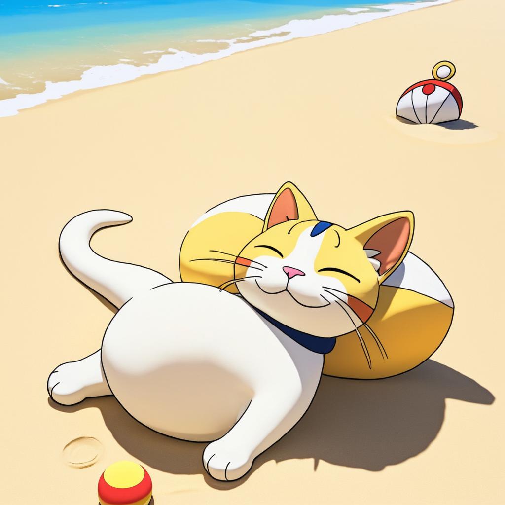 Playful Meowth Relaxing on Beach