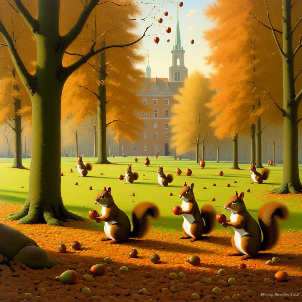 Vibrant Autumn Squirrel Gathering Acorns