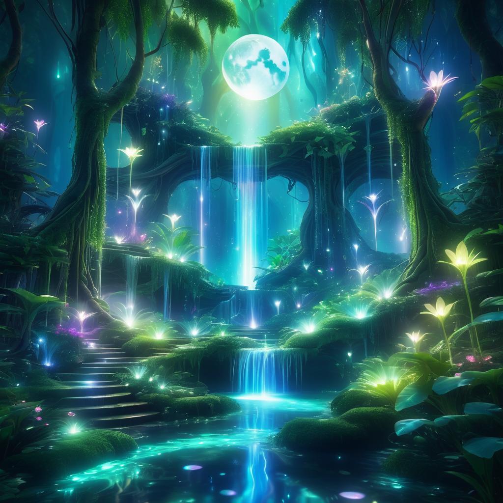 Surreal Avatar Grove with Moonlit Waterfall