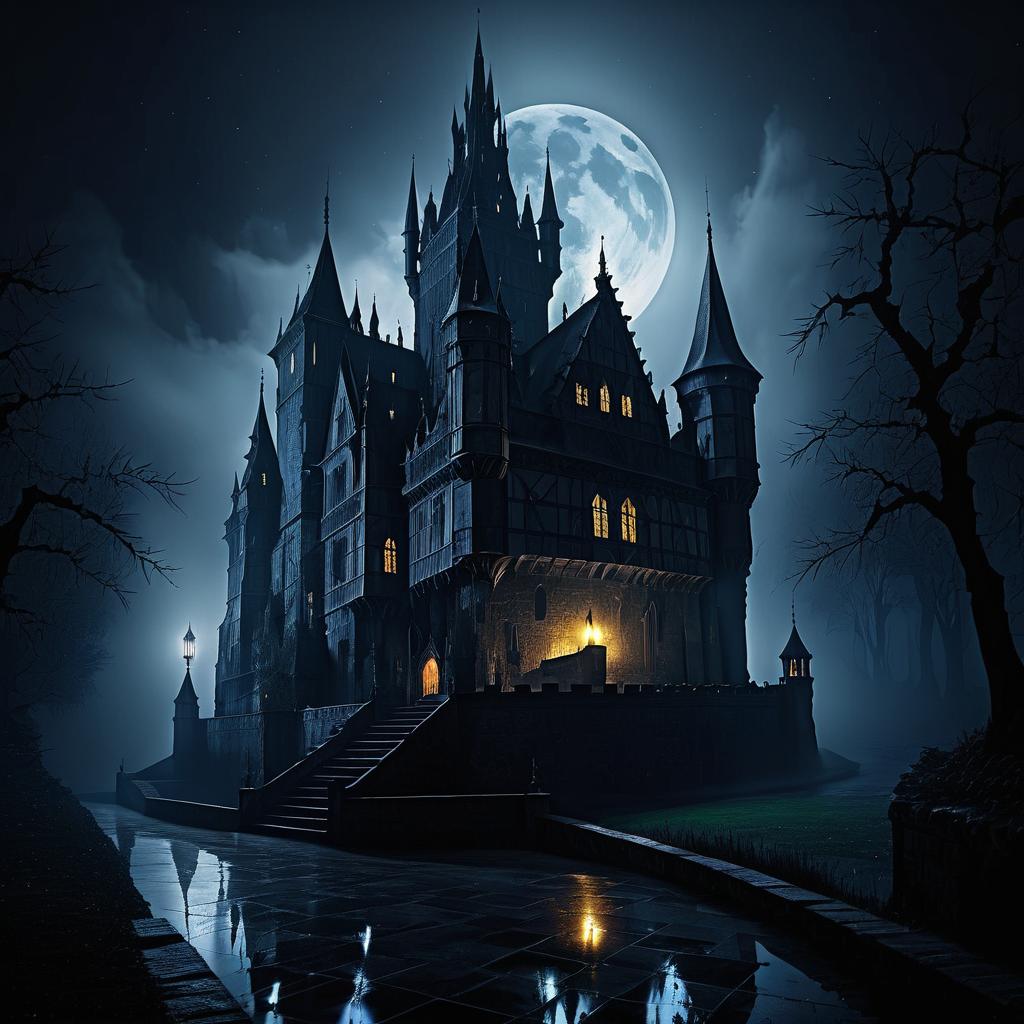 Eerie Gothic Castle in Rainy Night