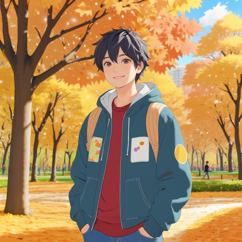 Cheerful Boy in Colorful Autumn Park