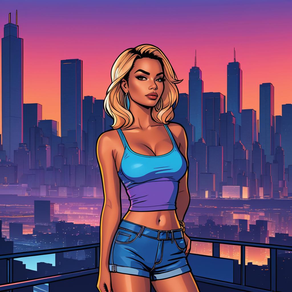 Cartoon-Style Hot Girl with City Skyline