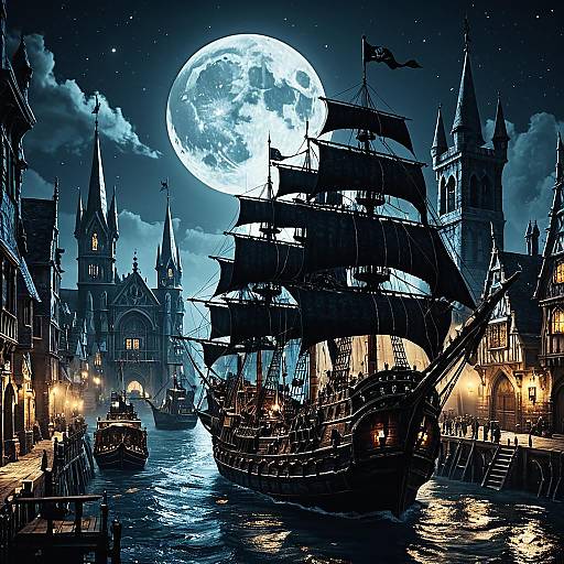 Pirate Ship Sailing in Gothic Moonlit City
