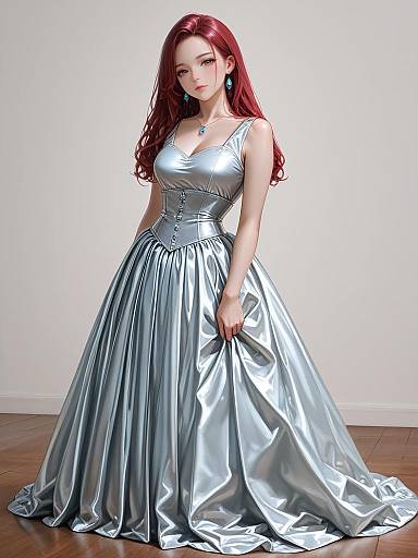 Photorealistic digital art of a red-haired woman in a shimmering silver satin ball gown, standing on a wooden floor against a white wall.