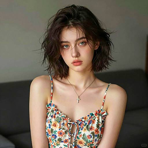 Young Woman in Floral Dress with Cross Necklace