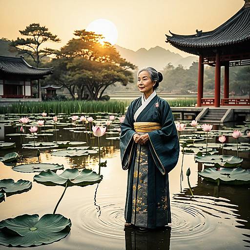 Elderly Asian Woman in Traditional Hanfu at Lotus Pond Sunset