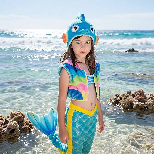 Photograph of a young girl at the beach wearing a mermaid costume with blue fin hat, green eyes, and yellow-striped tail, standing in shallow