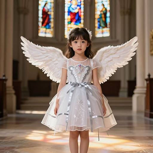 Photograph of a young Asian girl with white angel wings, wearing a silver floral dress, standing in a sunlit church with colorful stained glass windows in
