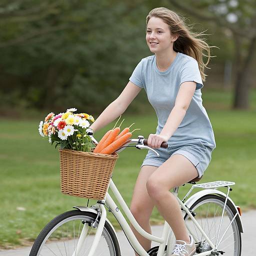 Photograph of a smiling young woman with light brown hair in a blue t-shirt and shorts, riding a white bicycle with a wicker basket containing flowers