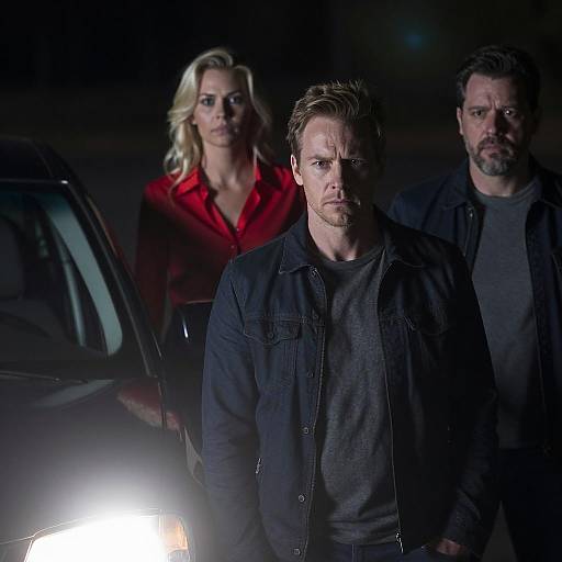 Serious group with car headlights in dim light