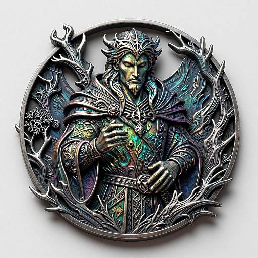 Digital illustration of a regal, armored, horned figure with glowing green eyes, intricate metallic armor, and ornate patterns, holding a glowing orb