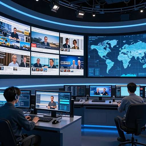 Photograph of a modern newsroom with three analysts seated at desks, monitoring multiple screens displaying live news, world map, and financial data in a blue