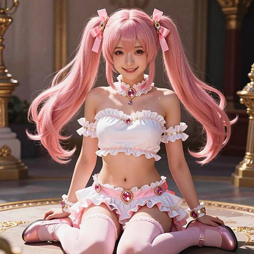 Digital anime-style photograph of a cute, smiling girl with long pink hair in twin-tails, wearing a frilly white and pink magical girl outfit,