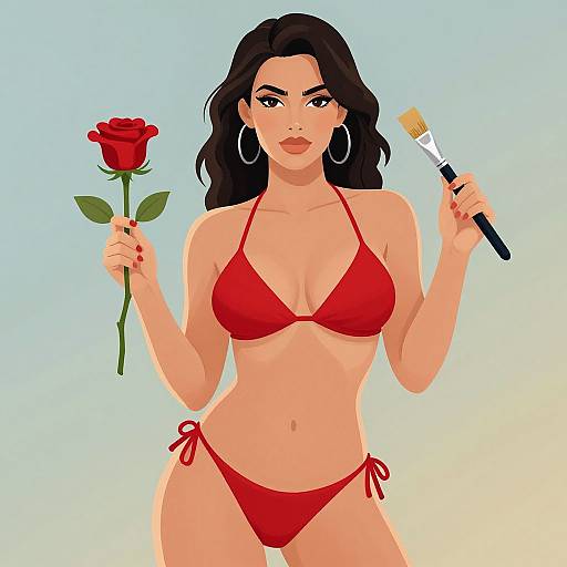 Confident Woman with Rose and Paintbrush