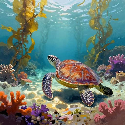 Colorful underwater photograph of a turtle swimming among vibrant corals, seaweed, and sunlight filtering through the blue ocean.