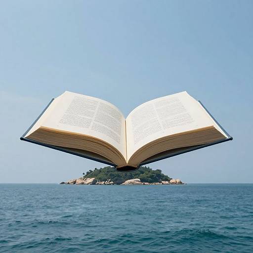 Photograph of a giant open book floating above a small island in the middle of a blue ocean under clear sky.