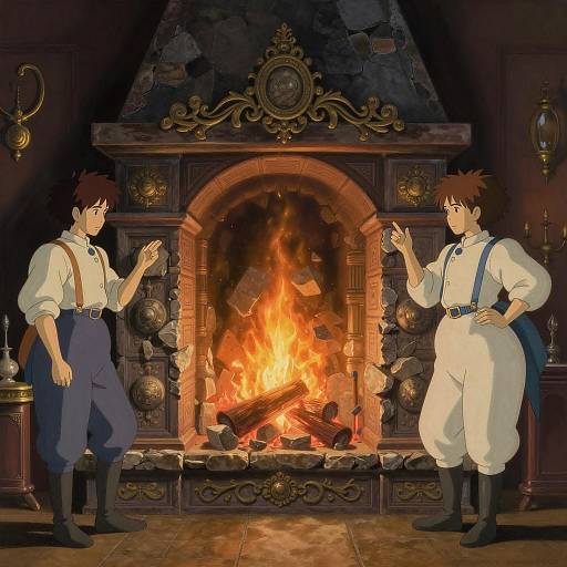 Studio Ghibli Style Illustration of Two Boys by Fireplace