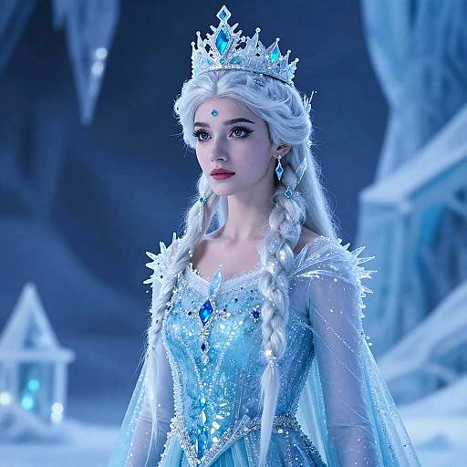 Photorealistic digital artwork of a white-haired, blue-eyed, fair-skinned queen in an icy blue, sparkling ice-themed gown and crown, set