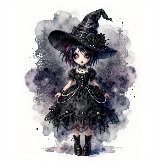 Gothic anime girl in black witch dress and hat, with lace, pearls, and rose accents, standing against swirling, dark watercolor background.