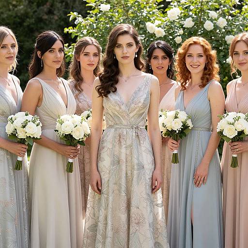 Photograph of six bridesmaids with long hair, wearing elegant, light-colored dresses, holding white bouquets, standing behind a central bride in a silver