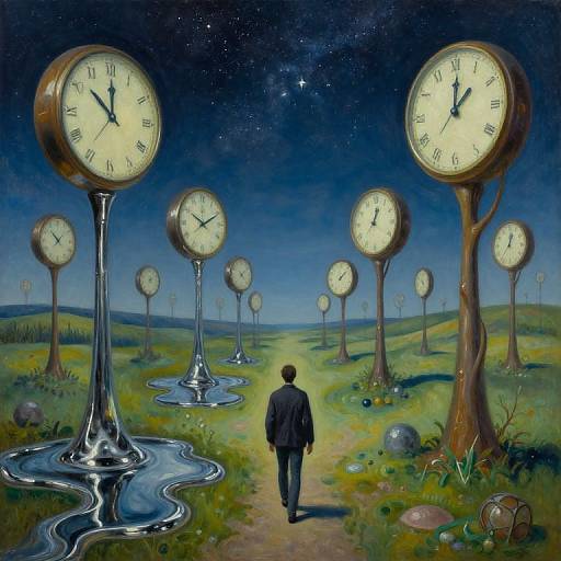 Surreal painting of a man in a suit walking towards giant, glowing clocks with tall, reflective stems under a starry night sky.