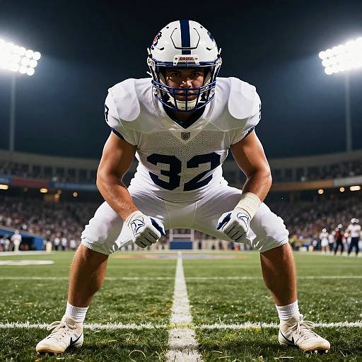 Photograph of a muscular male football player in white uniform with number 25, crouching on a brightly lit stadium field.