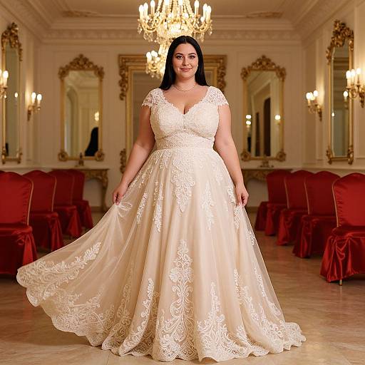 Photograph of a plus-sized woman with long black hair, wearing an elegant, lace-adorned white wedding gown, standing in a luxurious, orn