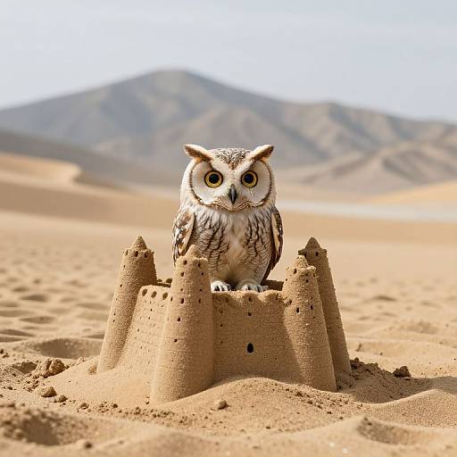 Photograph of a small owl with white and brown feathers, perched on a sandcastle in a desert with distant mountains.