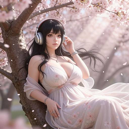 Digital art of an East Asian woman with long black hair, wearing headphones and a floral, off-shoulder white dress, leaning against a cherry blossom
