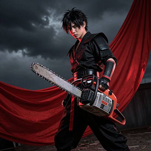 Photograph of a fierce, dark-haired young man in black armor, wielding a chainsaw, against a stormy sky and red draped background.