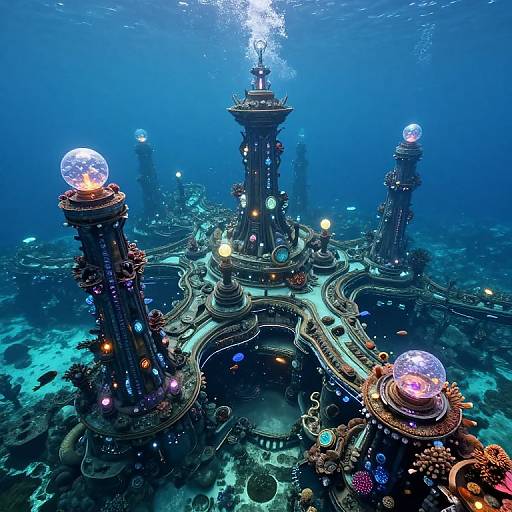 Photograph of an underwater, steampunk-style city with glowing orbs atop towering, ornate structures, surrounded by vibrant, bioluminescent marine