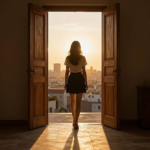 Photograph of a woman with long brown hair, backlit by a sunset, walking through open wooden doors onto a sunlit balcony.