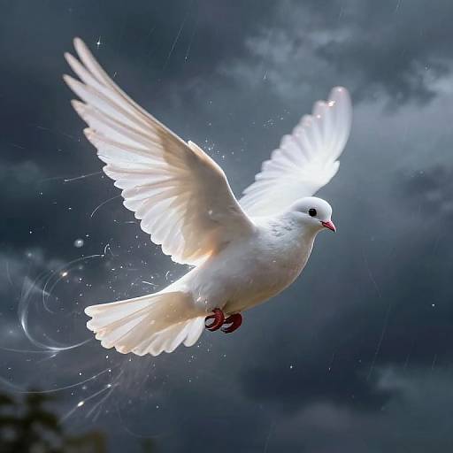 Photograph of a white dove with outstretched wings, glowing against a dark, cloudy sky, with sparkling light trails and red feet.