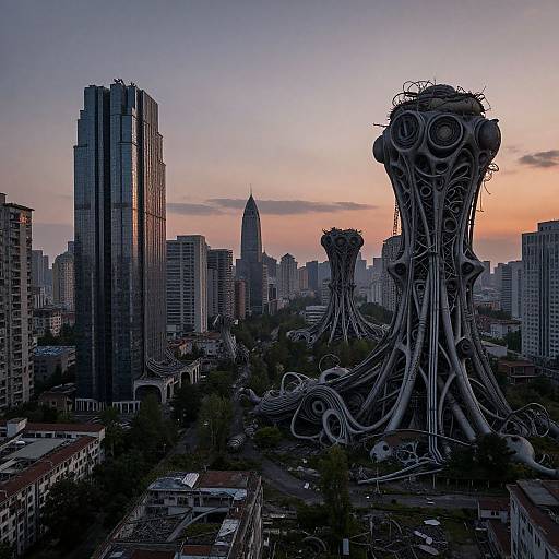 Photograph of a futuristic cityscape at sunset with towering, organic, web-like structures among modern skyscrapers, blending natural and urban elements.