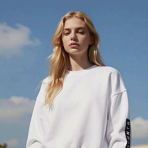 Young Woman in White Sweatshirt Outdoors