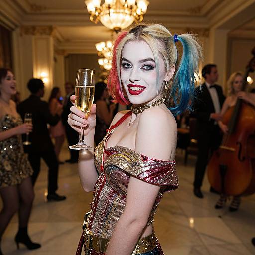 Photograph of a woman with Harley Quinn makeup, colorful pigtails, red lipstick, sequined off-shoulder dress, holding champagne glass,
