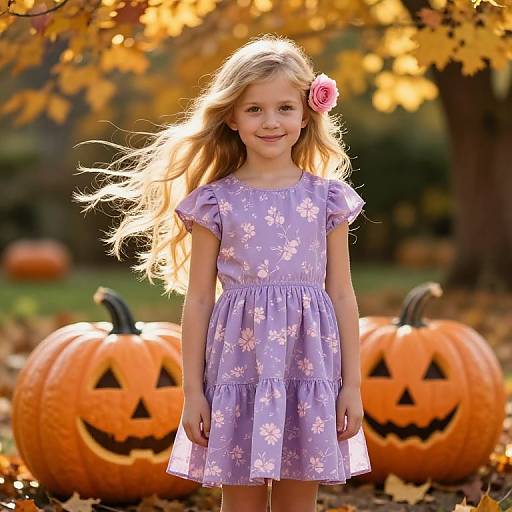 Photograph of a smiling blonde girl with a pink flower in her hair, wearing a lavender floral dress, standing in front of two carved pumpkins with